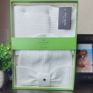 Kate Spade New York Metallic Ribbed Bow Women's Scarf and Hat Cream Box Set